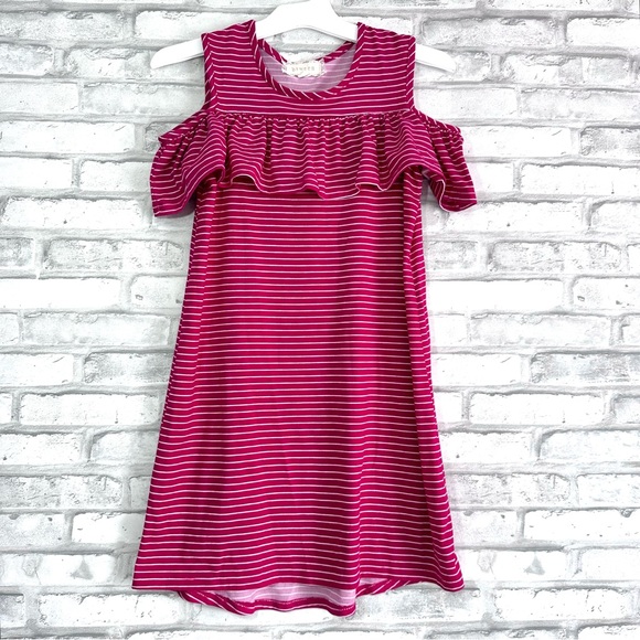 Btween Girls Berry White Stripes Cold Shoulder Short Sleeve Dress - Sz 8 (Girls) - Picture 1 of 7